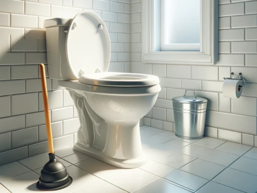 image of a clogged toilet and a plunger positioned next to it