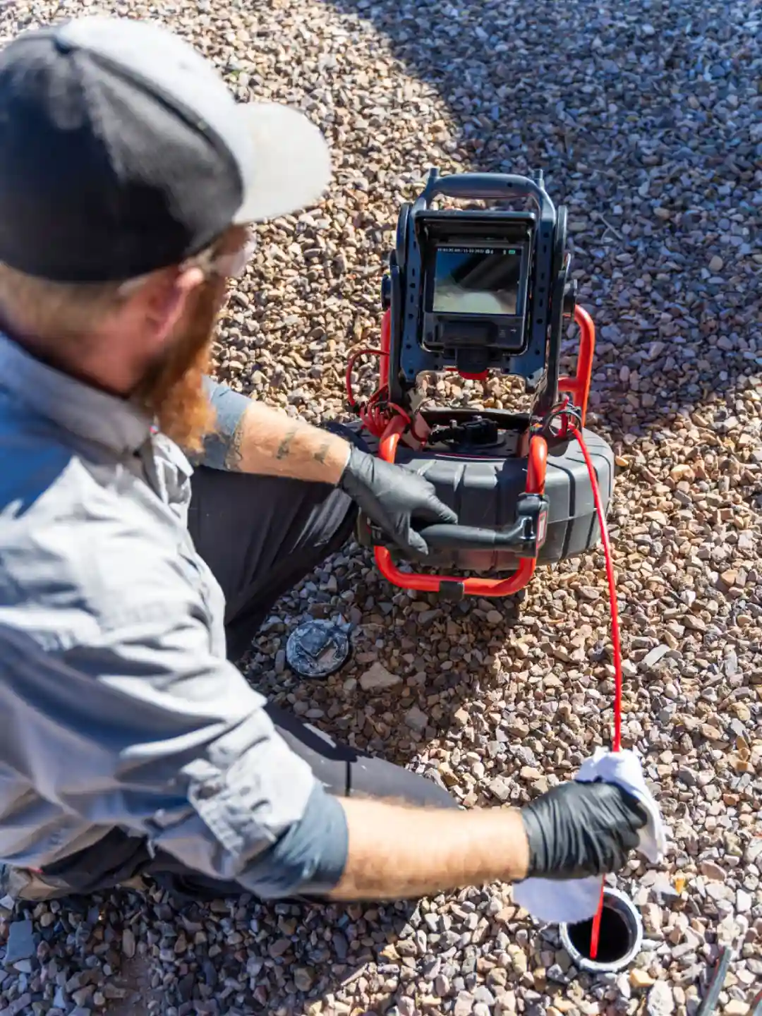 Tucson plumber from Done Rite observing camera for sewer line inspection