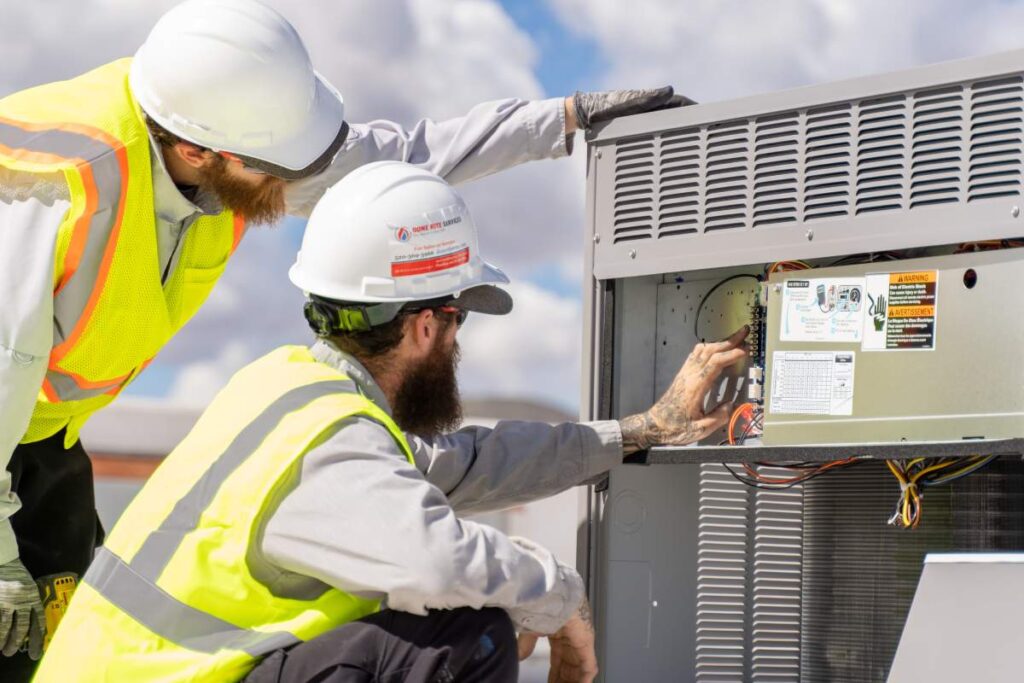 Trusted HVAC technician from Done Rite Services working on AC maintenance on a commercial building's rooftop.