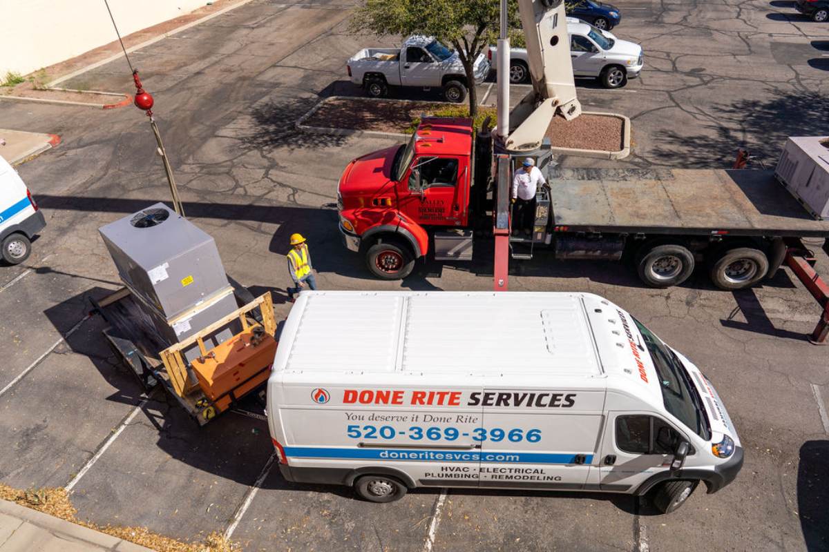 Done Rite Services van in the parking lot, ready for a commercial air conditioning installation.