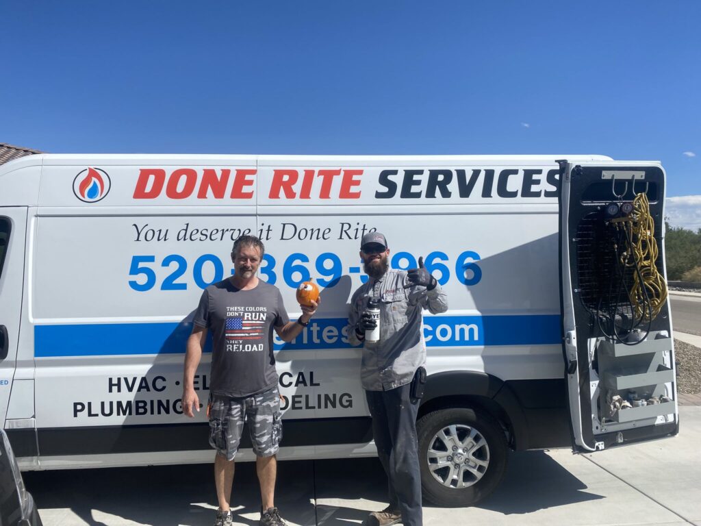 Two pumpkins, Frank and Wall-eye, engage with curious witchy customers, discussing the Done Rite service experience and sharing plans for home improvements.