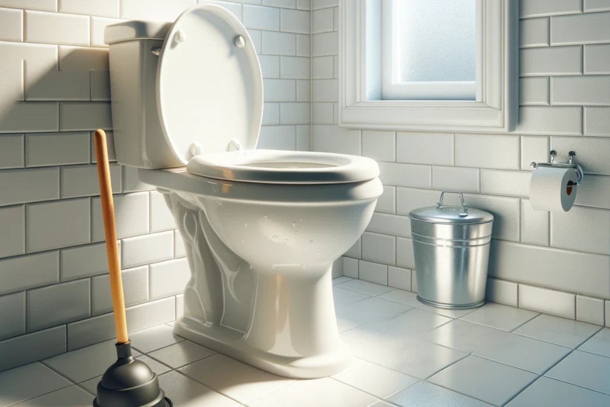 image of a clogged toilet and a plunger positioned next to it