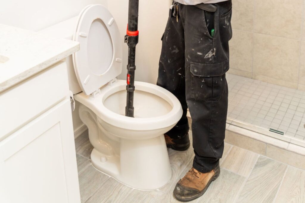 Done Rite Services plumber working on a toilet bowl to stop and repair a toilet overflow issue.