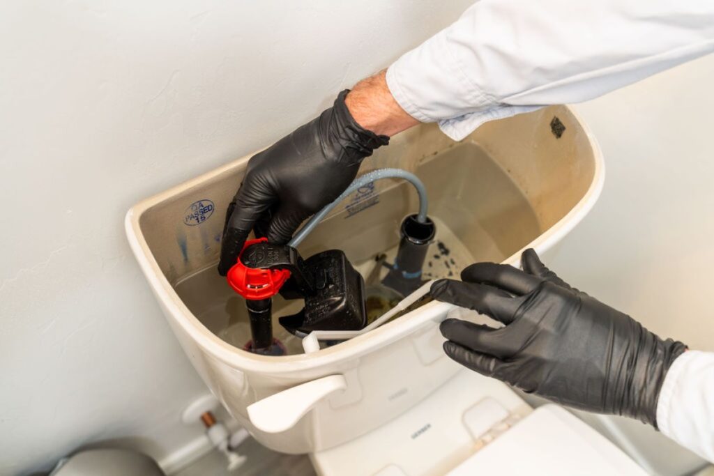 Image of a Done Rite Services plumber fixing the toilet tank to stop water from overflowing.